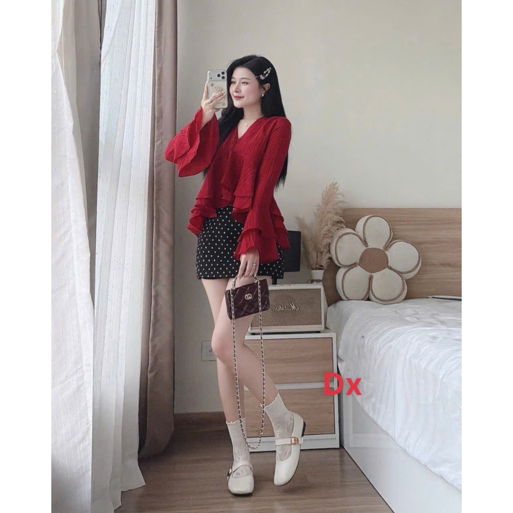 Set áo tơ phối váy mango chấm bi tiểu thư nhẹ nhàng tay loe xếp tầng hot trend