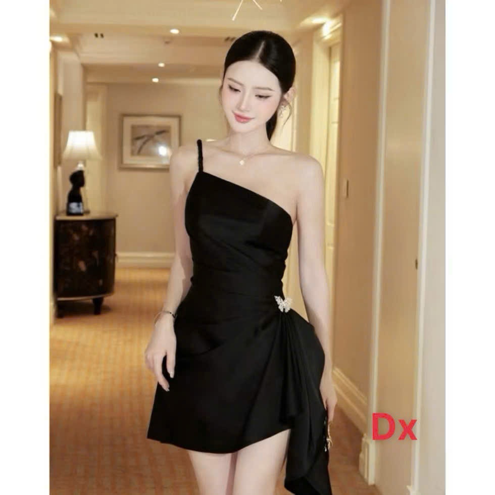 Đầm lệch vai tuyết nhung body ôm phối nơ eo đính đá sang chảnh dự tiệc cực xinh