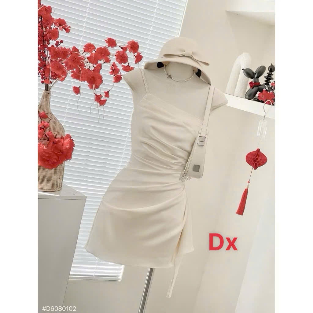 Đầm lệch vai tuyết nhung body ôm phối nơ eo đính đá sang chảnh dự tiệc cực xinh