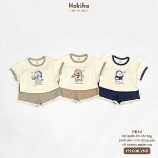 Bộ quần áo cộc tay phối viền hình gấu đáng yêu cho bé Hokiha vải cotton mềm mại, thoáng mát size 8-17kg BB34