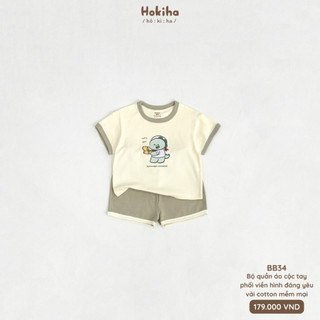 Bộ quần áo cộc tay phối viền hình gấu đáng yêu cho bé Hokiha vải cotton mềm mại, thoáng mát size 8-17kg BB34