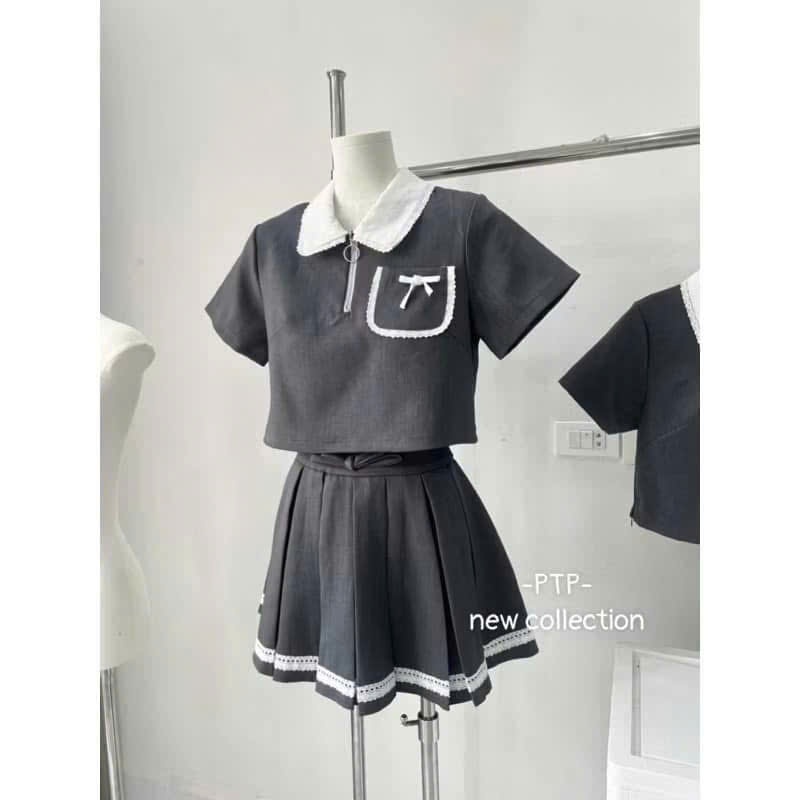 Set áo tiểu thư viền ren phối chân váy xếp ly form Hàn cho bé gái, đồ bộ tiểu thư phong cách học đường sang chảnh
