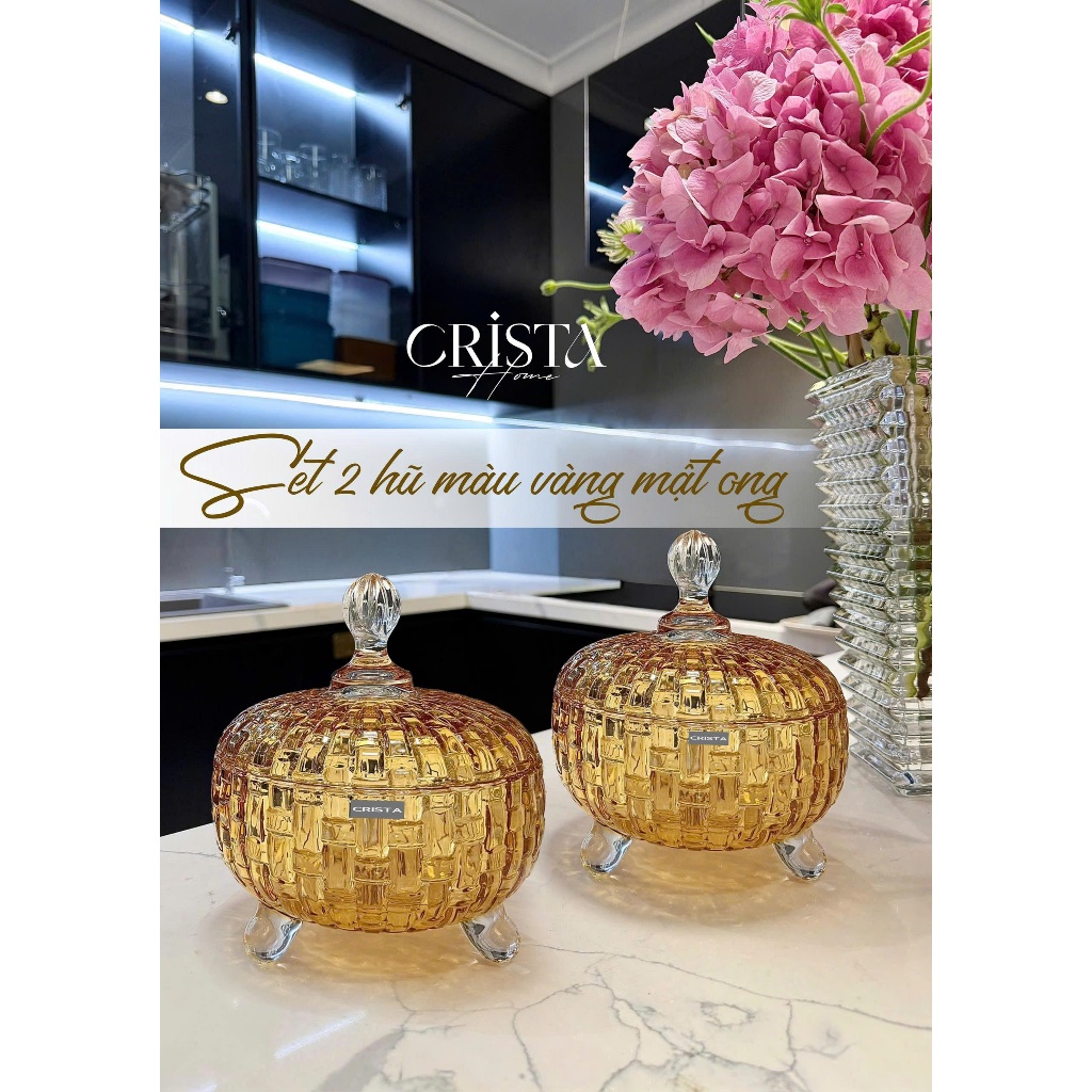 Bộ Cốc Bình Hũ Thủy Tinh Vàng Mật Ong Chính Hãng Crista Home Việt Nam 280ml 350ml Bình 1L Lọ Hoa Hũ Mứt 3 Chân_ sỉ SLL