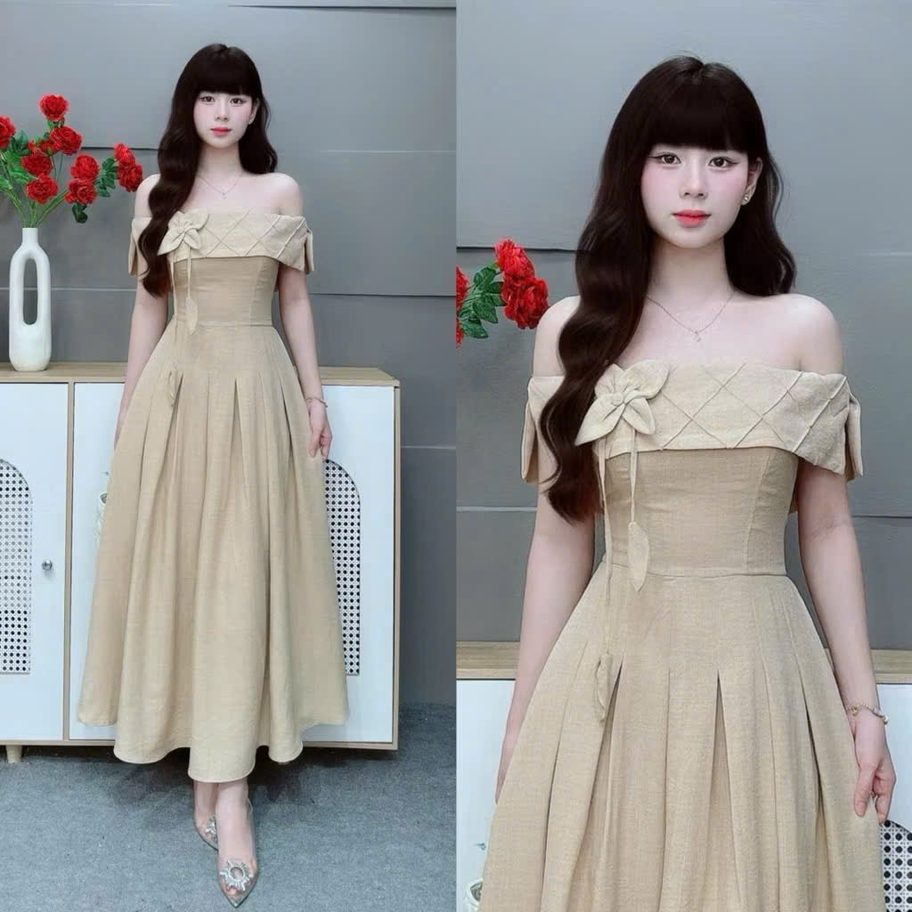 Đầm maxi rubi trễ vai dáng xòe sang chảnh nữ tính che khuyết điểm form chuẩn hot trend