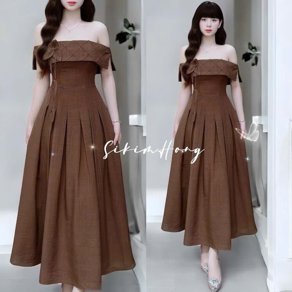 Đầm maxi rubi trễ vai dáng xòe sang chảnh nữ tính che khuyết điểm form chuẩn hot trend