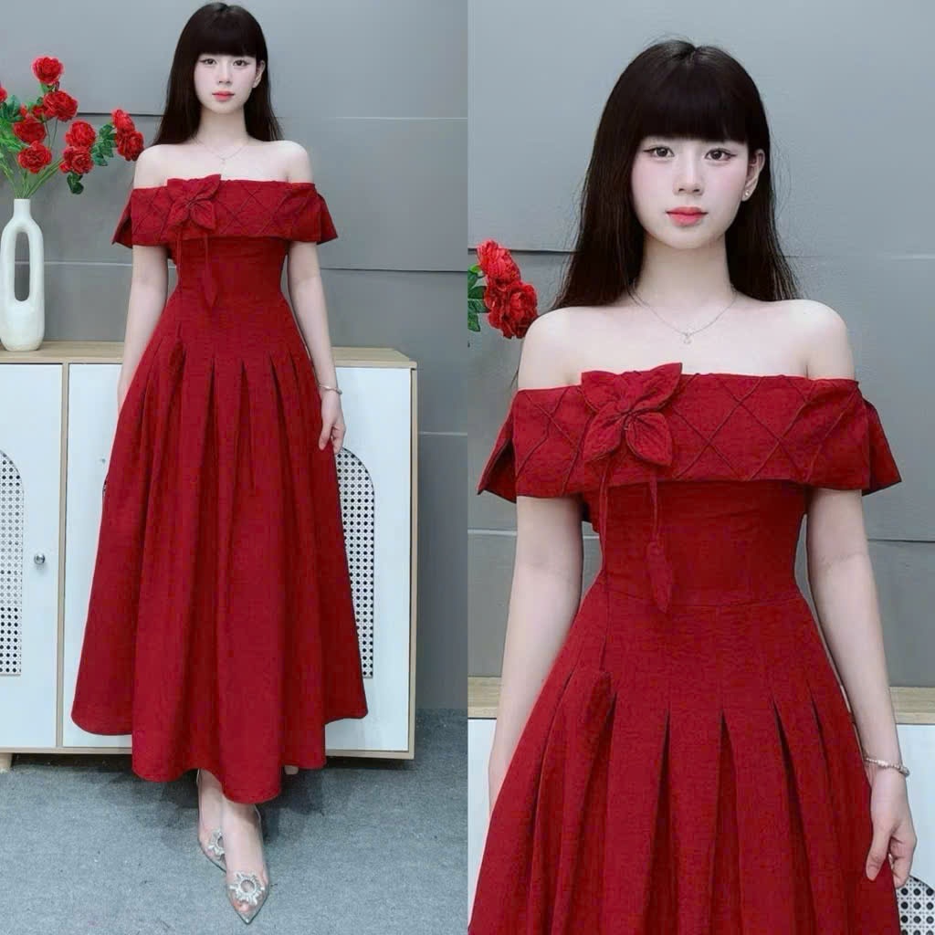 Đầm maxi rubi trễ vai dáng xòe sang chảnh nữ tính che khuyết điểm form chuẩn hot trend