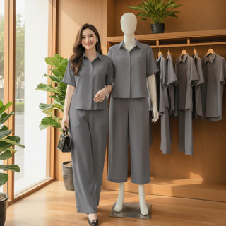 Bộ Sơ Mi SM03 [45-85kg], Bộ nữ thiết kế quần suông lưng thun phía sau, áo sơ mi ngắn tay, chất đũi tơ xước mềm mịn