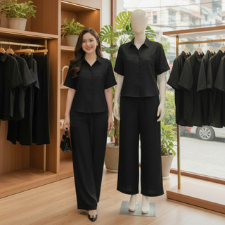 Bộ Sơ Mi SM03 [45-85kg], Bộ nữ thiết kế quần suông lưng thun phía sau, áo sơ mi ngắn tay, chất đũi tơ xước mềm mịn