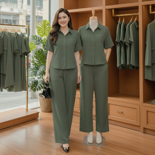 Bộ Sơ Mi SM03 [45-85kg], Bộ nữ thiết kế quần suông lưng thun phía sau, áo sơ mi ngắn tay, chất đũi tơ xước mềm mịn