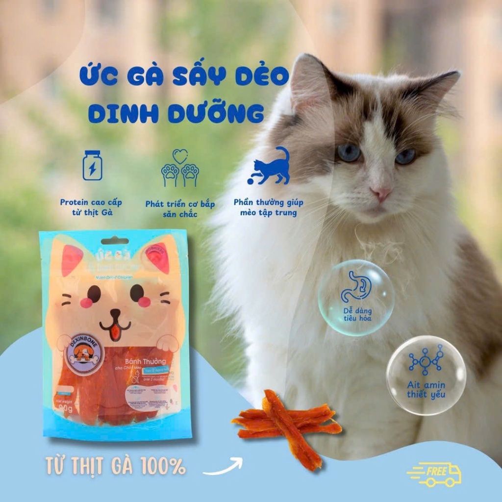 Bánh Thưởng Cho Gà Sấy Cho Chó Mèo DEXINBONE - Ức Gà Dinh Dưỡng Sấy Dẻo 90gr