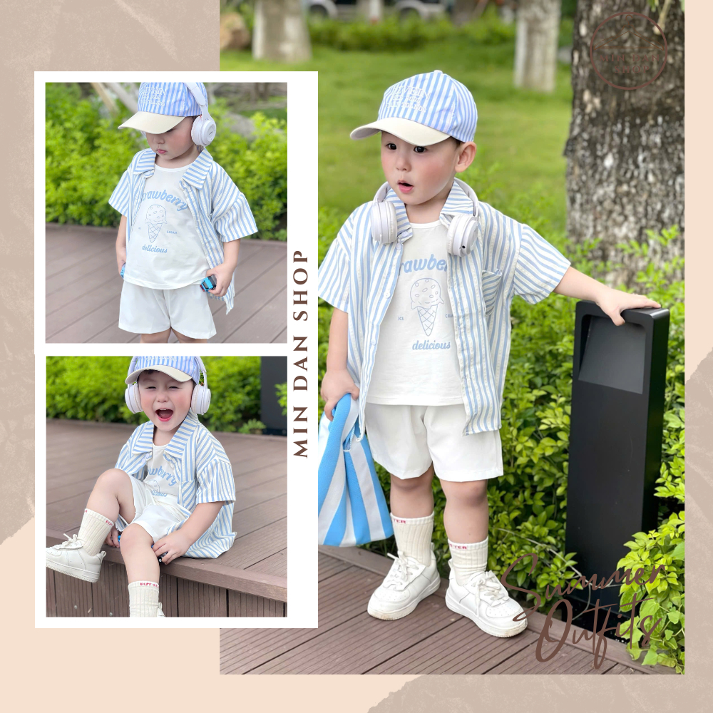 [FULL SET 4 MÓN] Bộ sơ mi kẻ xanh bé trai TẶNG KÈM MŨ và áo ba lỗ Strawberry - Set đồ đi chơi cực chất cho bé