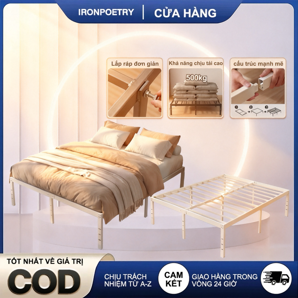 Giường ngủ 1m8x2m bằng sắt chống ồn cho phòng ngủ – Thiết kế Japandi sơn tĩnh điện cao cấp