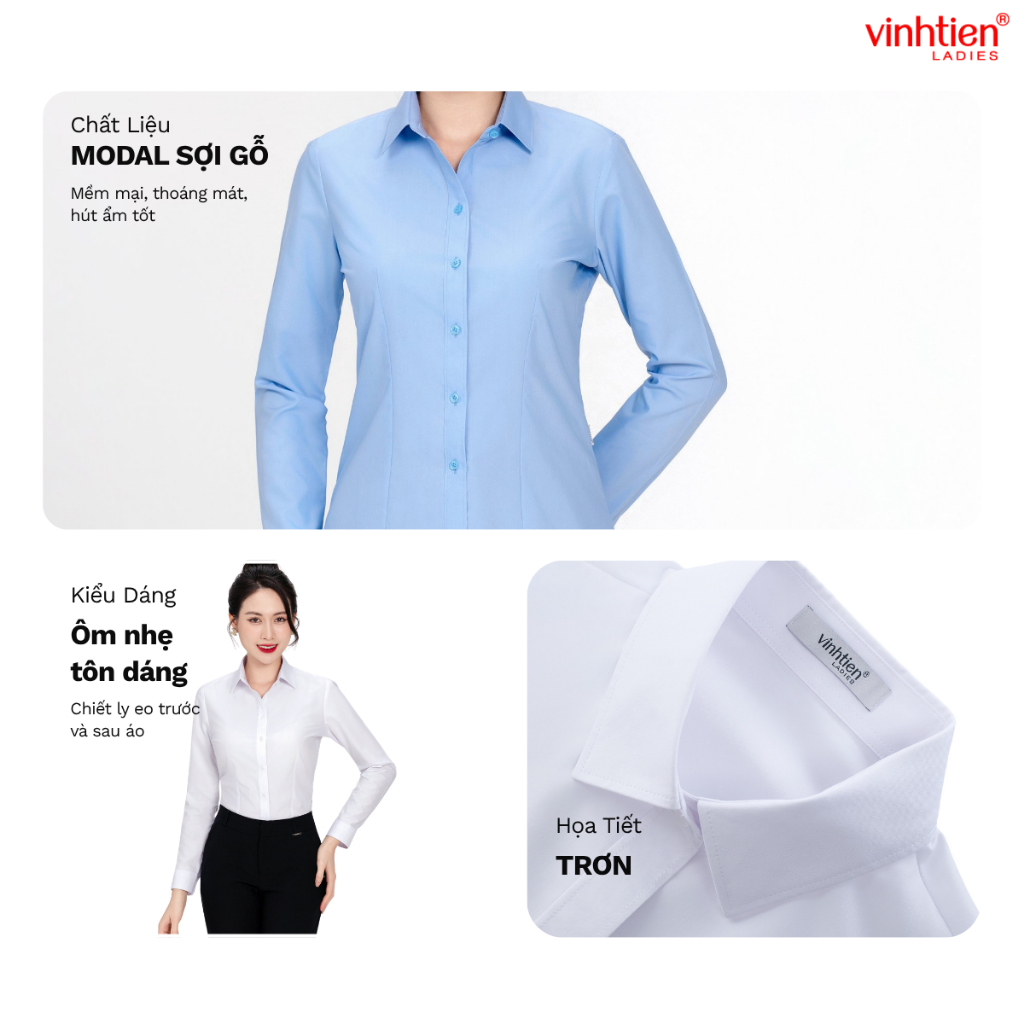 Áo Sơ Mi Dài Tay  Vĩnh Tiến Ladies, GTB 585 , Chất Liệu Modal + Spandex Chiết Ly Eo Tôn Dáng