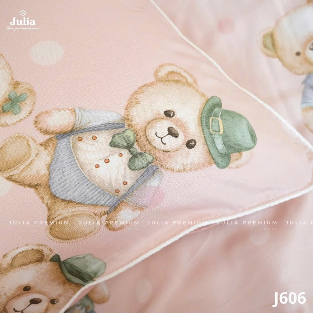 Bộ Chăn Ga Gối Cotton Lụa 100% sợi tự nhiên Cao Cấp Julia- Mềm Mịn, Thoáng Mát, Ga Giường Bọc Thun – Gấu Hồng 606