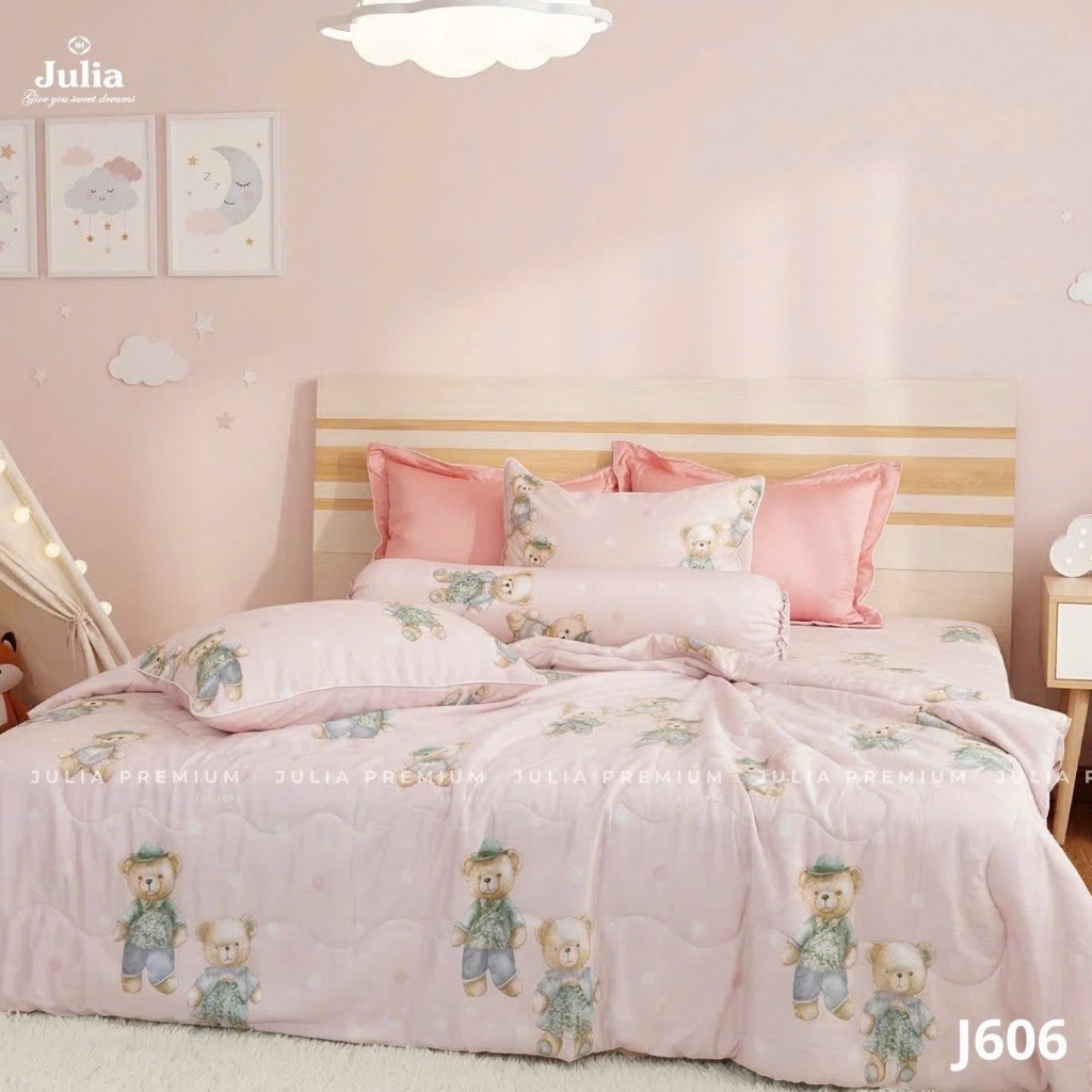 Bộ Chăn Ga Gối Cotton Lụa 100% sợi tự nhiên Cao Cấp Julia- Mềm Mịn, Thoáng Mát, Ga Giường Bọc Thun – Gấu Hồng 606