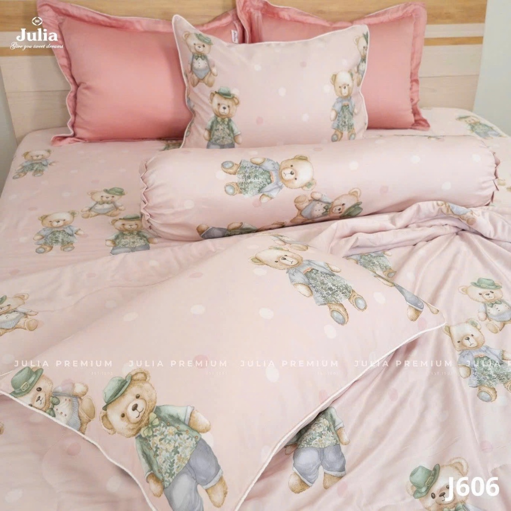 Bộ Chăn Ga Gối Cotton Lụa 100% sợi tự nhiên Cao Cấp Julia- Mềm Mịn, Thoáng Mát, Ga Giường Bọc Thun – Gấu Hồng 606