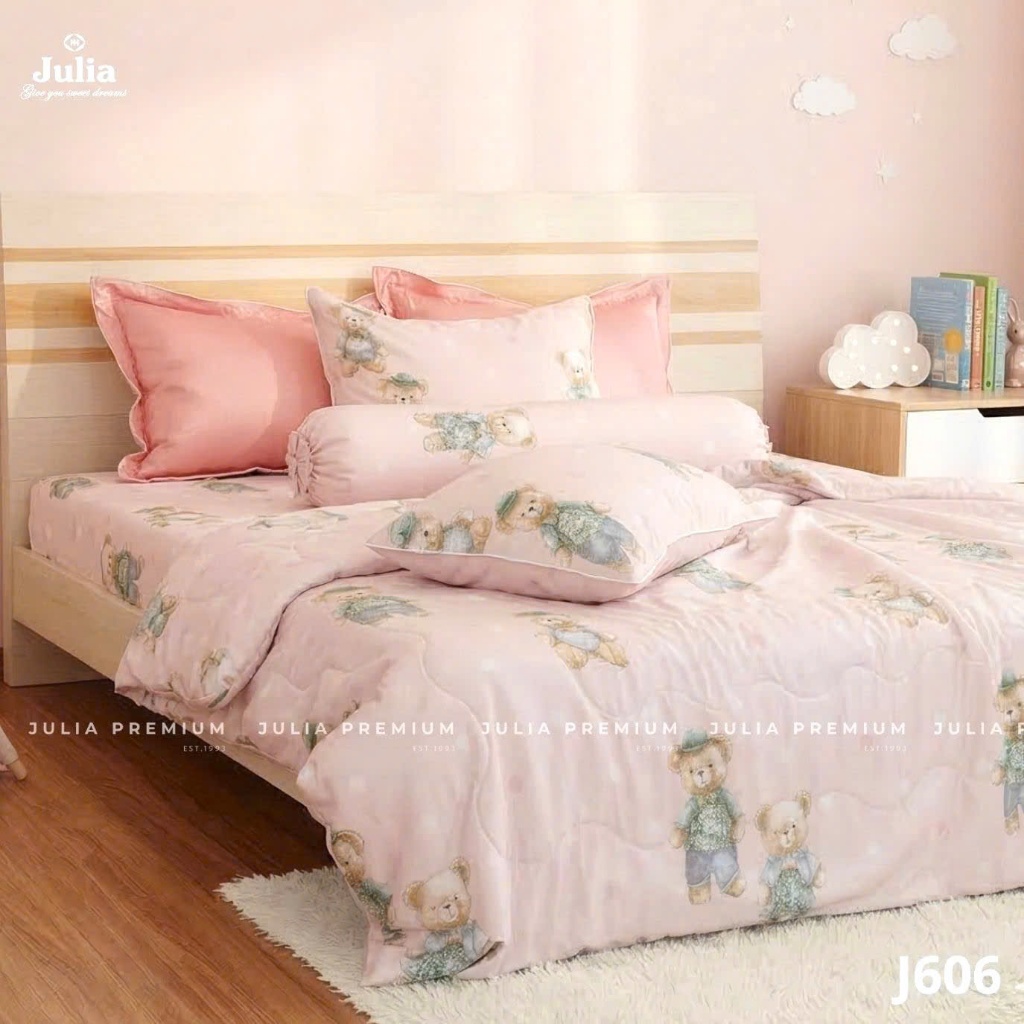 Bộ Chăn Ga Gối Cotton Lụa 100% sợi tự nhiên Cao Cấp Julia- Mềm Mịn, Thoáng Mát, Ga Giường Bọc Thun – Gấu Hồng 606
