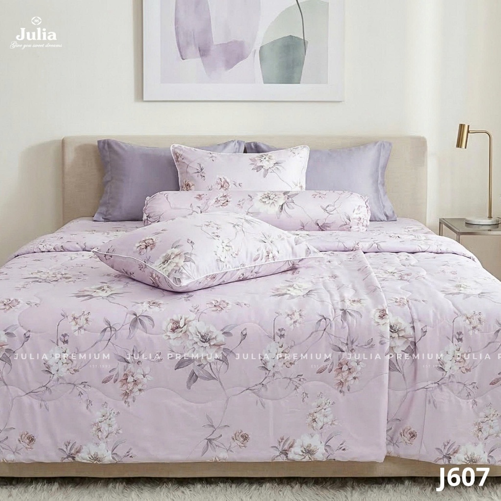 Bộ Chăn Ga Gối Cotton Lụa 100% sợi tự nhiên Cao Cấp Julia- Mềm Mịn, Thoáng Mát, Ga Giường Bọc Thun – Hoa Tím 607