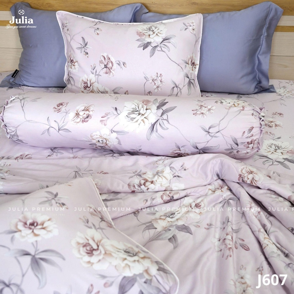 Bộ Chăn Ga Gối Cotton Lụa 100% sợi tự nhiên Cao Cấp Julia- Mềm Mịn, Thoáng Mát, Ga Giường Bọc Thun – Hoa Tím 607