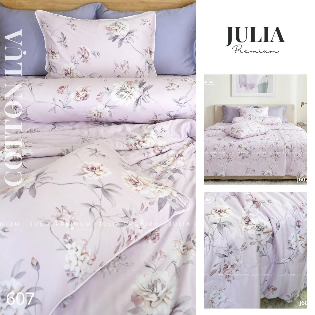 Bộ Chăn Ga Gối Cotton Lụa 100% sợi tự nhiên Cao Cấp Julia- Mềm Mịn, Thoáng Mát, Ga Giường Bọc Thun – Hoa Tím 607