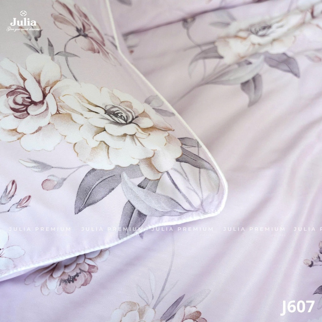 Bộ Chăn Ga Gối Cotton Lụa 100% sợi tự nhiên Cao Cấp Julia- Mềm Mịn, Thoáng Mát, Ga Giường Bọc Thun – Hoa Tím 607