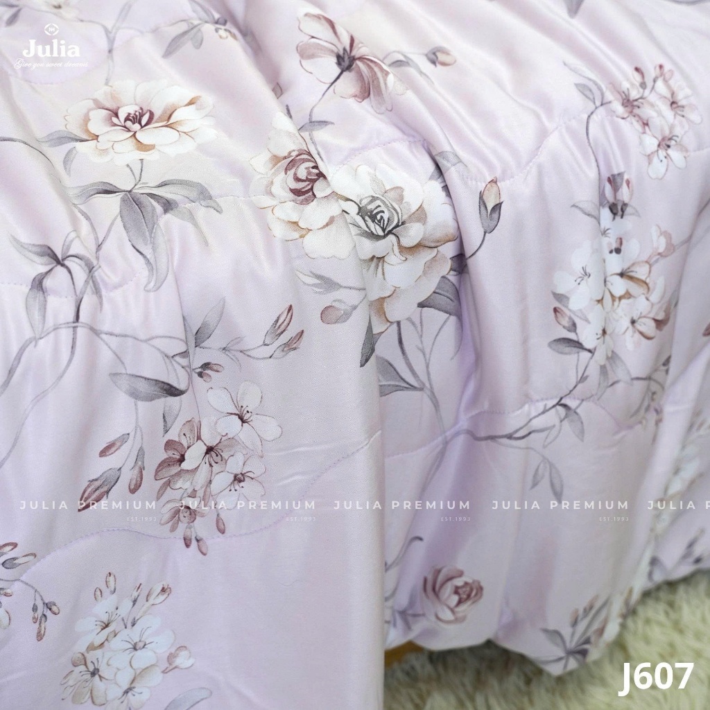 Bộ Chăn Ga Gối Cotton Lụa 100% sợi tự nhiên Cao Cấp Julia- Mềm Mịn, Thoáng Mát, Ga Giường Bọc Thun – Hoa Tím 607