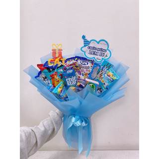 Bó hoa bánh kẹo màu xanh dương cho nam , bé trai , quà tặng sinh nhật, tốt nghiệp, hoa xanh dương ( gấu ngẫu nhiên )
