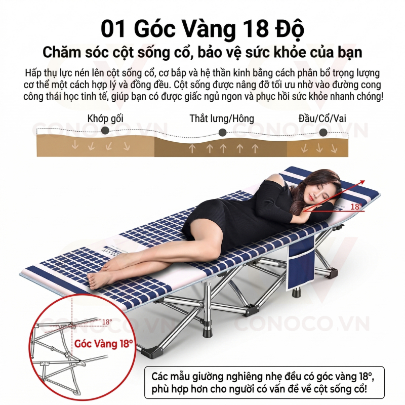 CONOCO Giường gấp xếp văn phòng 1m9/1m7 cao cấp vải Oxford thoáng khí có túi  chịu tải 150kg