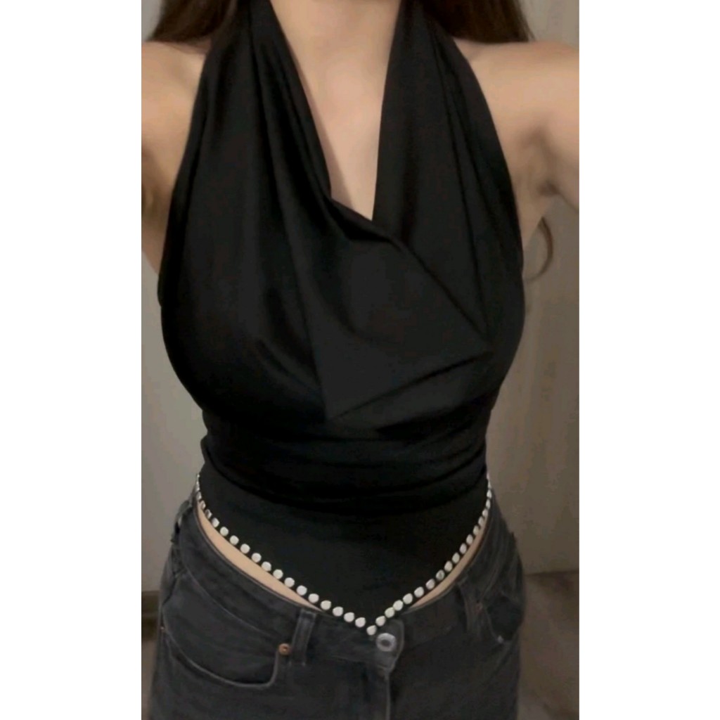Áo kiểu cổ đổ hở lưng đính đá vạt áo sẵn 1 XS