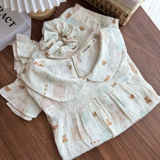 Đồ ngủ nữ tay ngắn quần đùi – Pyjama vải xô muslin cổ sen phối ren | KNG.studio (Tặng kèm dây buộc tóc scrunchies)