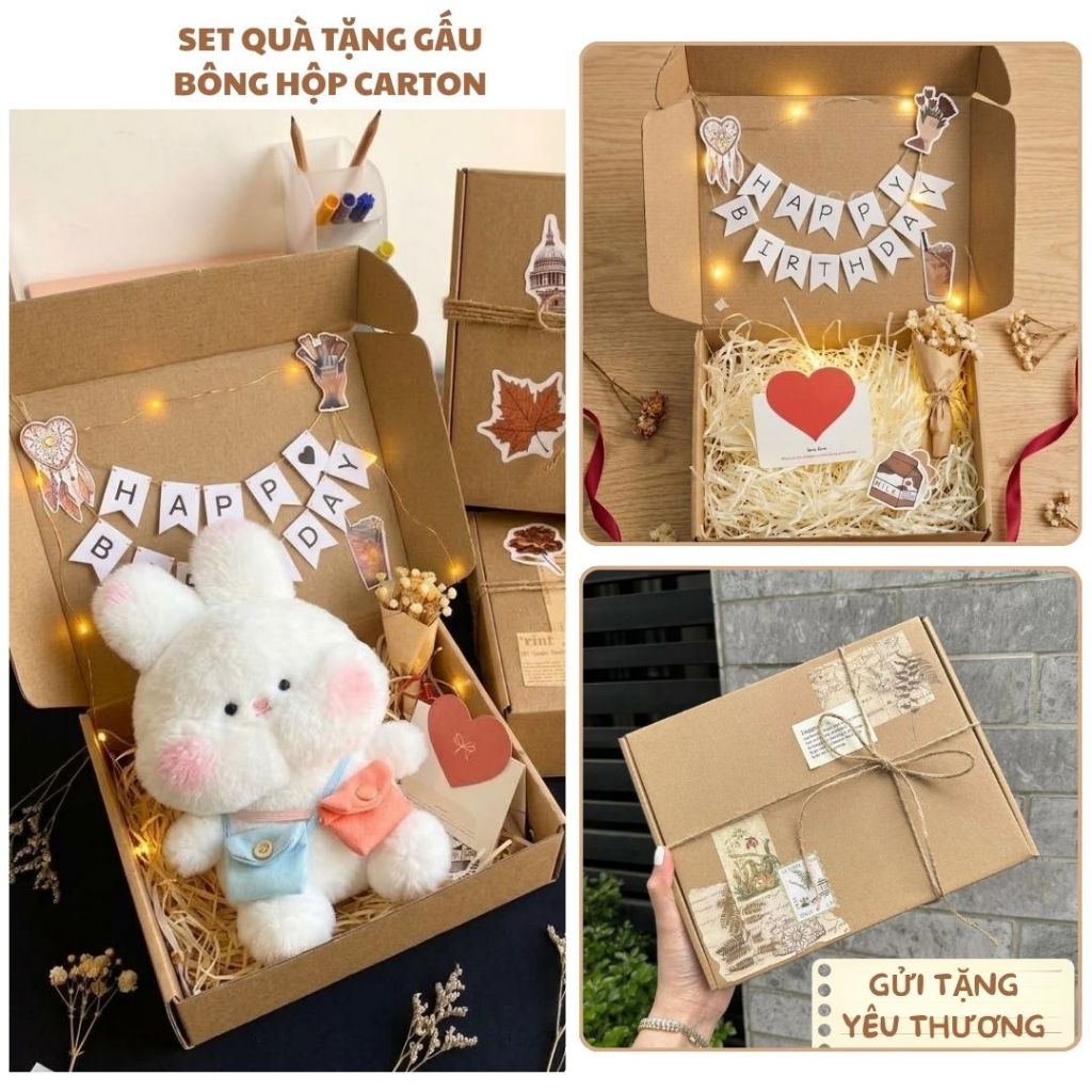 Hộp Quà Tặng Gấu Bông Carton Vingeta Dễ Thương Kèm Bó Hoa,Đèn Led,Thiệp,Cờ Treo Chữ Làm Quà Tặng Cho Bạn Gái/Trai,Cho Bé