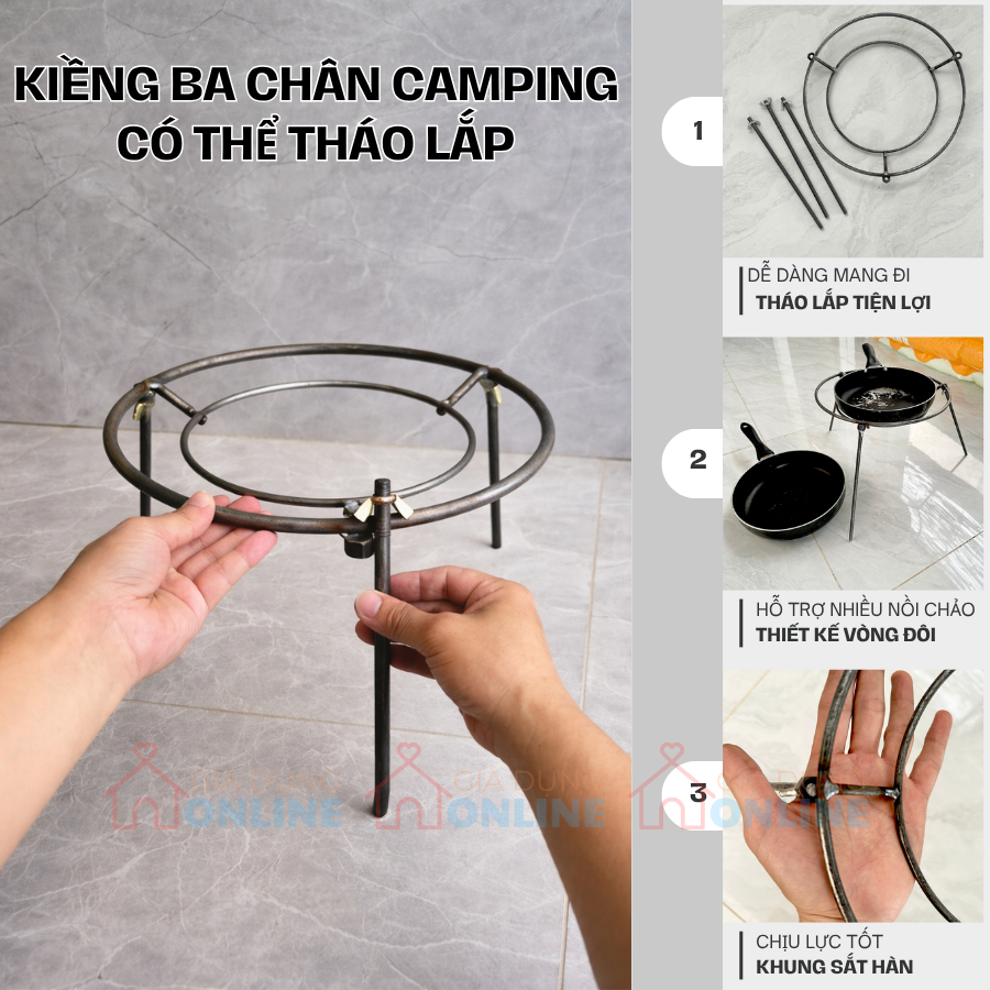Kiềng sắt 3 chân tháo lắp tiện lợi gọn gàng mang đi cắm trại, nấu ăn ngoài trời