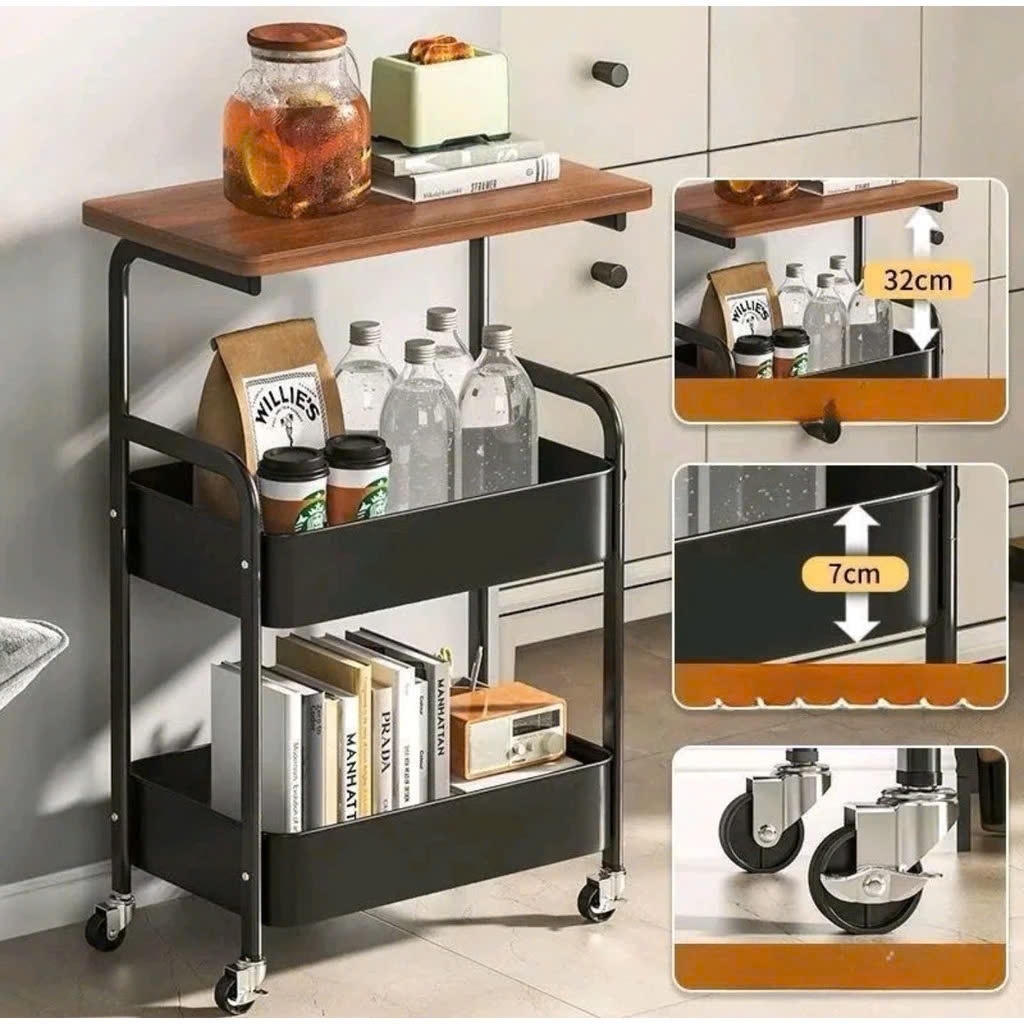 Kệ để đồ 3 tầng FOREST HOME đa năng có bánh xe tiên lợi, khung thép carbon chắc chắn, thiết kế hiện đại