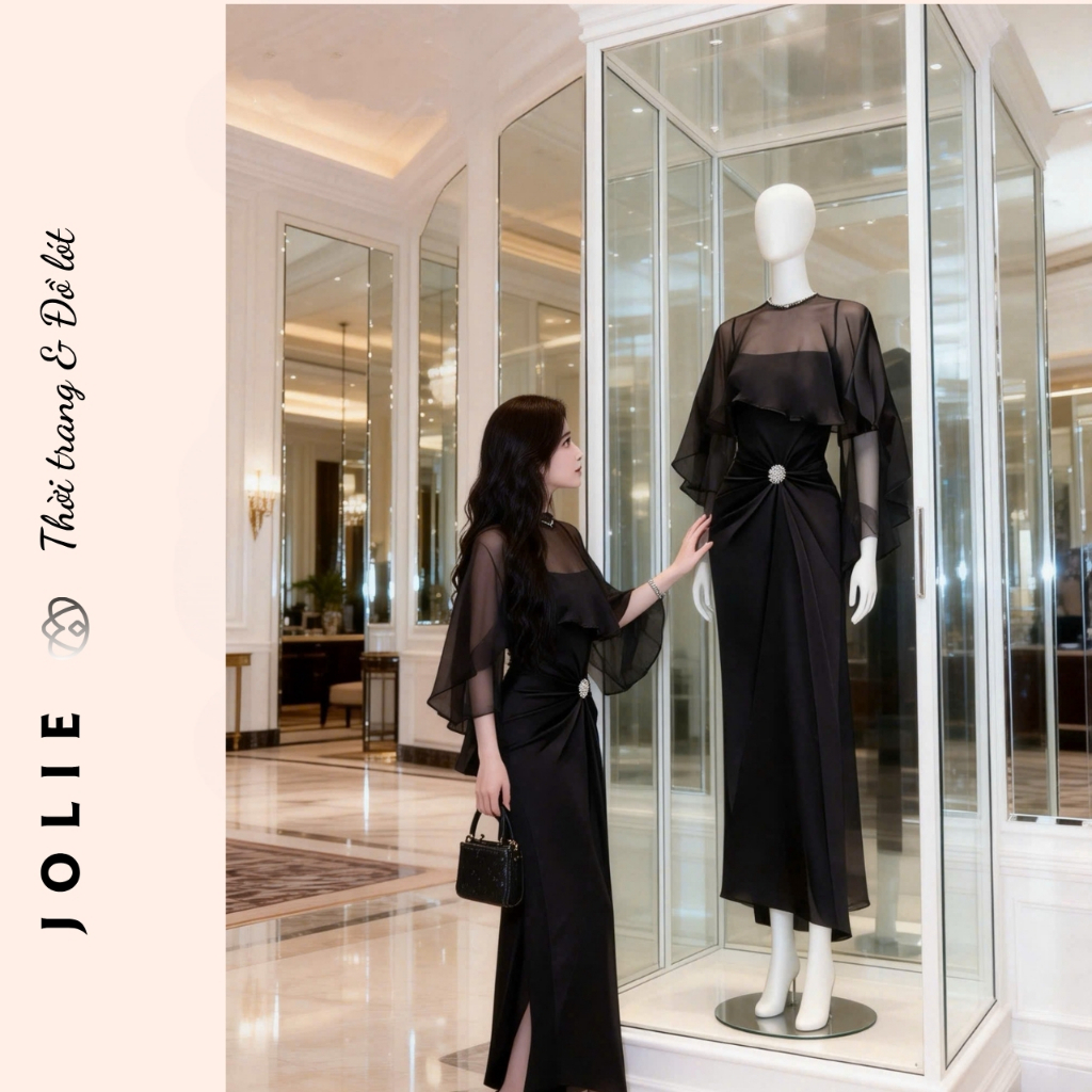 Váy lụa dài dự tiệc phối choàng voan tơ đính đá eo sang trọng quý phái JOLIE