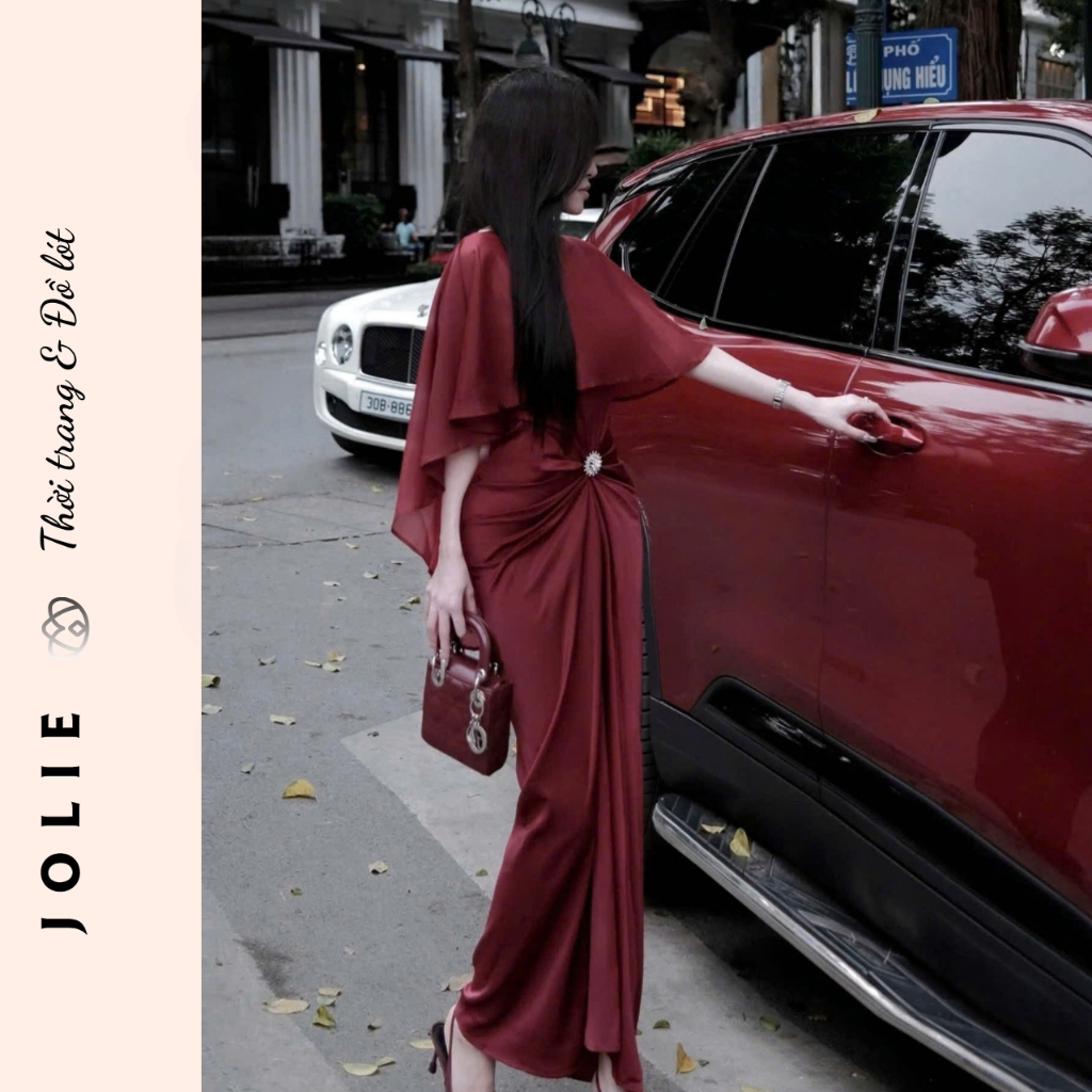 Váy lụa dài dự tiệc phối choàng voan tơ đính đá eo sang trọng quý phái JOLIE