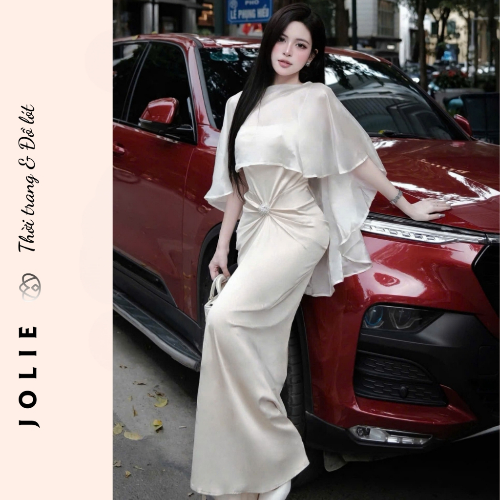 Váy lụa dài dự tiệc phối choàng voan tơ đính đá eo sang trọng quý phái JOLIE