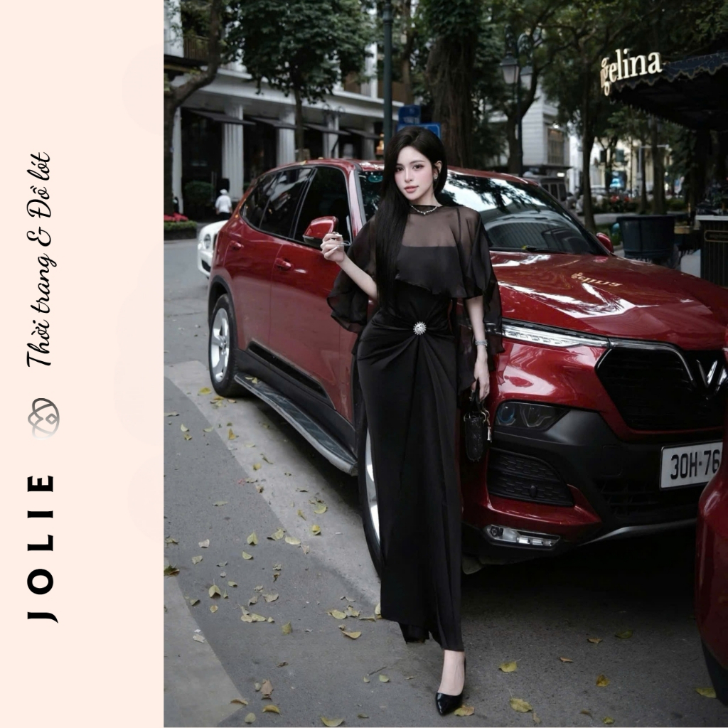 Váy lụa dài dự tiệc phối choàng voan tơ đính đá eo sang trọng quý phái JOLIE