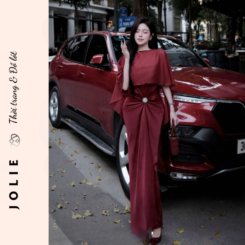 Váy lụa dài dự tiệc phối choàng voan tơ đính đá eo sang trọng quý phái JOLIE