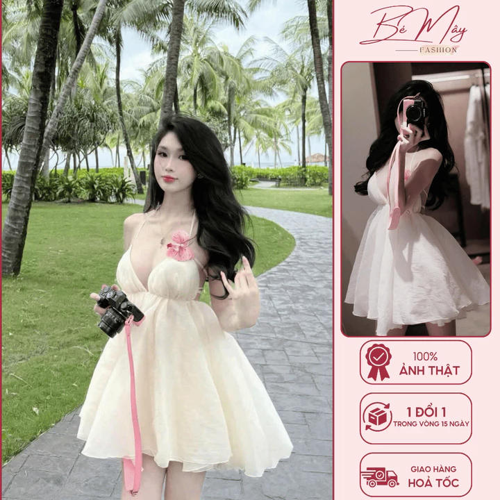 Váy trắng hai dây dáng xoè tiểu thư, váy baby doll xòe nhẹ chất voan mềm, váy nữ đi biển, du lịch đi tiệc sang chảnh