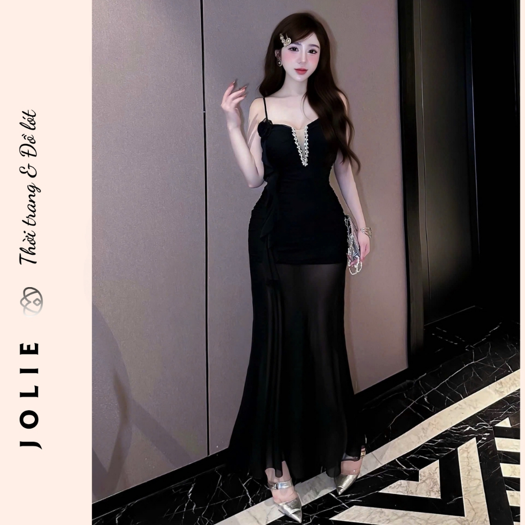 Váy xẻ ngực kim tuyến dự tiệc sang trọng nổi bật Jolie