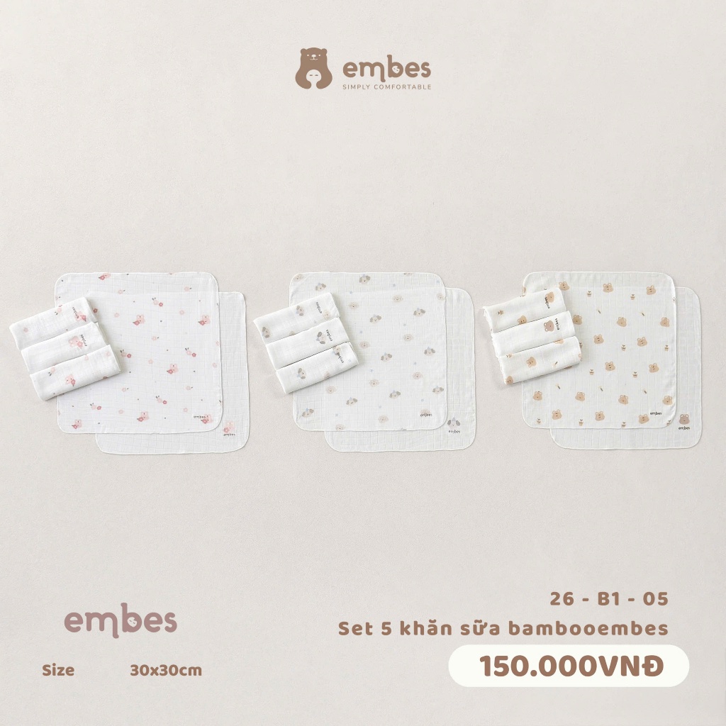 Set 5 Khắn Sữa Embes, Khăn Sữa Sợi Bamboo In Họa Tiết Kháng Khuẩn Thấm Hút Tốt Cho Bé, KT (30x30cm)