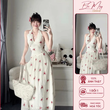 Váy maxi cổ yếm hoa nhí đỏ dáng xoè dài, váy đi biển du lịch phong cách tiểu thư thanh lịch, chất voan nhẹ mát