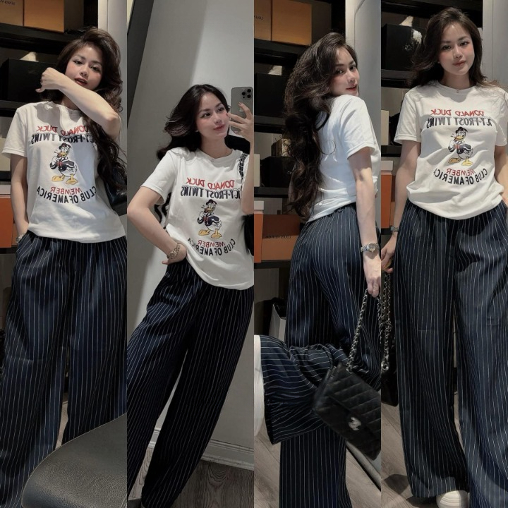 Set đồ nữ, đồ bộ nữ DONNA HCOM25287 áo phông in chữ mix quần âu suông kẻ sọc thanh lịch