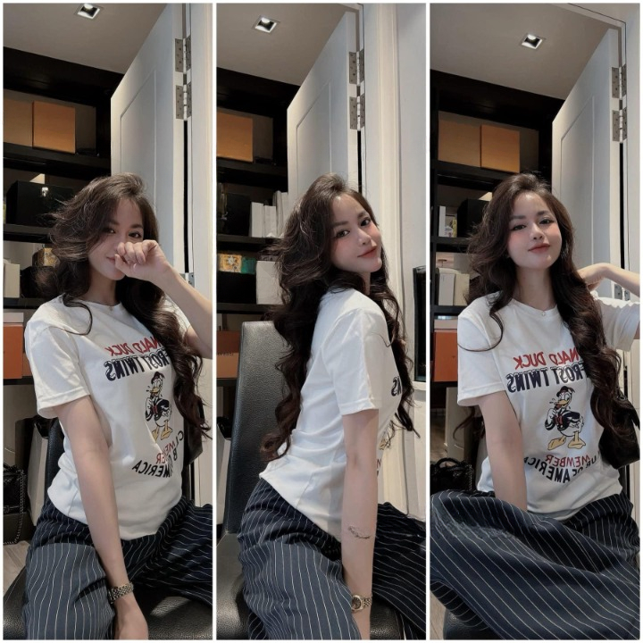 Set đồ nữ, đồ bộ nữ DONNA HCOM25287 áo phông in chữ mix quần âu suông kẻ sọc thanh lịch