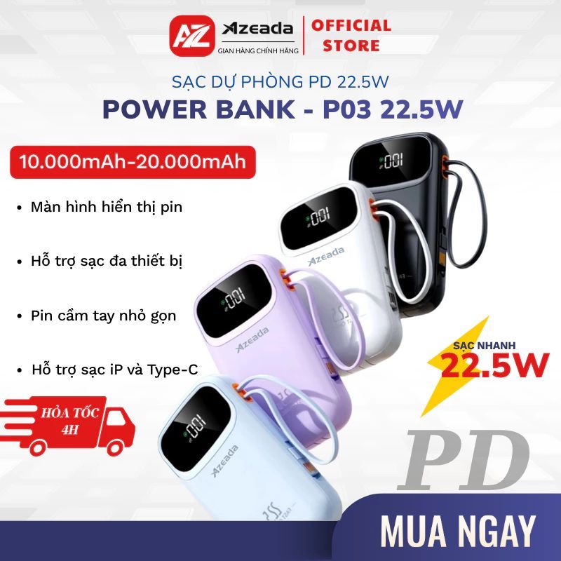 Sạc Pin Dự Phòng 3C PD22.5W,10000&20000mAh Sạc Nhanh,Màn Hình LED,Cho iPhone Android SS Xiaomi P03