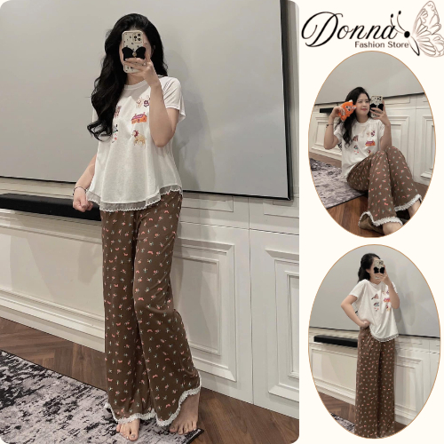 Set đồ nữ, đồ bộ nữ DONNA HCOM25347 áo viền bèo in hoạ tiết dễ thương mix quần suông hoa nhí xinh xắn