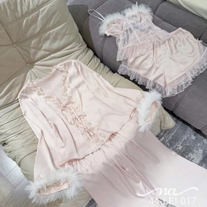 Set bộ đồ ngủ lụa phối lông 4 món