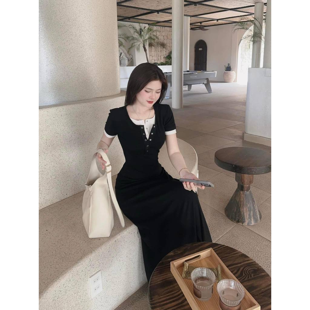 Đầm nữ, váy nữ DONNA HCOM25848 dáng dài cổ phối yếm phong cách Hàn Quốc, nhẹ nhàng