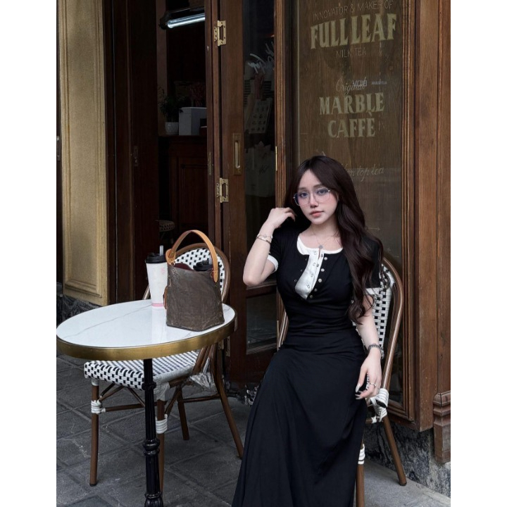 Đầm nữ, váy nữ DONNA HCOM25848 dáng dài cổ phối yếm phong cách Hàn Quốc, nhẹ nhàng