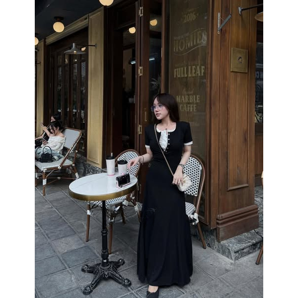 Đầm nữ, váy nữ DONNA HCOM25848 dáng dài cổ phối yếm phong cách Hàn Quốc, nhẹ nhàng